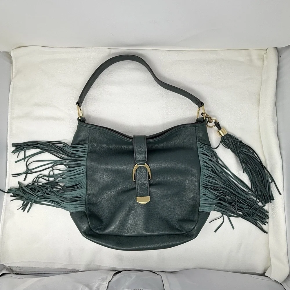 Gilli Genuine Leather Fringe Shoulder Bag – Green Hobo Tote with Tassel Detail